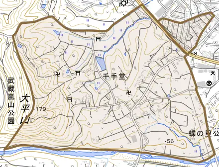 大字千手堂とその周辺の地図。町の範囲を重ねている