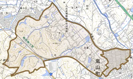 大字志賀とその周辺の地図。町の範囲を重ねている