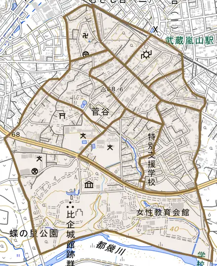 大字菅谷とその周辺の地図。町の範囲を重ねている