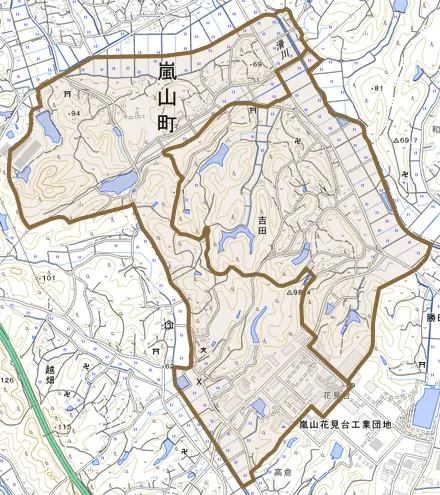 大字吉田とその周辺の地図。町の範囲を重ねている
