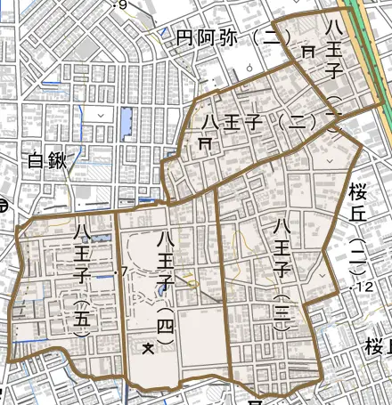 八王子とその周辺の地図。町の範囲を重ねている