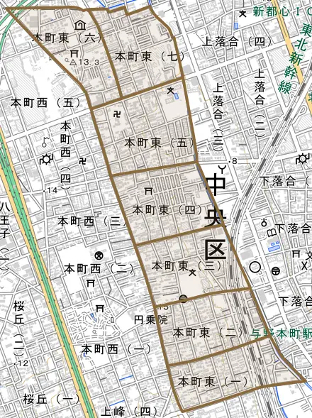 本町東とその周辺の地図。町の範囲を重ねている