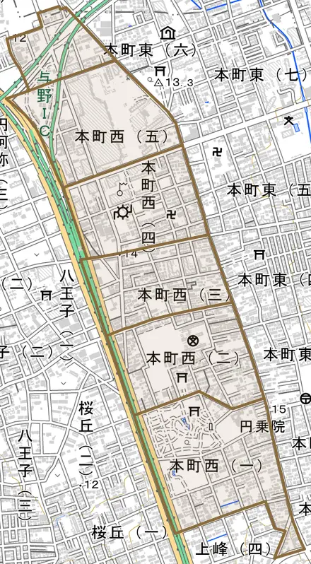 本町西とその周辺の地図。町の範囲を重ねている
