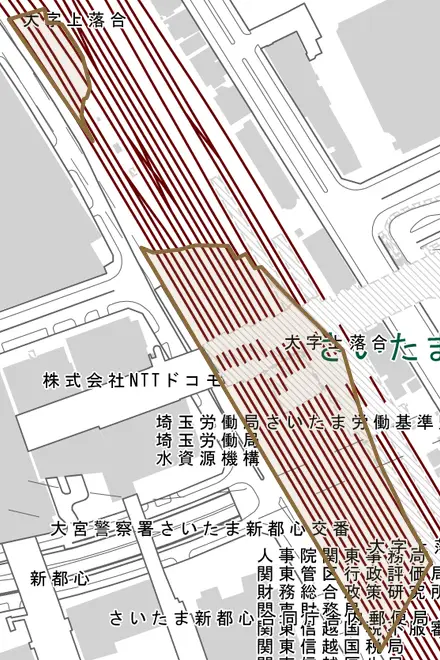 大字上落合とその周辺の地図。町の範囲を重ねている
