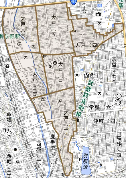 大戸とその周辺の地図。町の範囲を重ねている