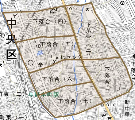 下落合とその周辺の地図。町の範囲を重ねている