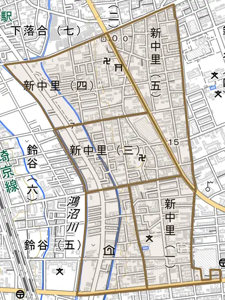 新中里とその周辺の地図。町の範囲を重ねている
