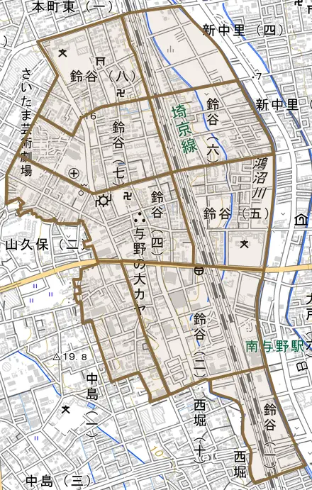 鈴谷とその周辺の地図。町の範囲を重ねている