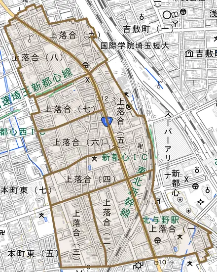 上落合とその周辺の地図。町の範囲を重ねている