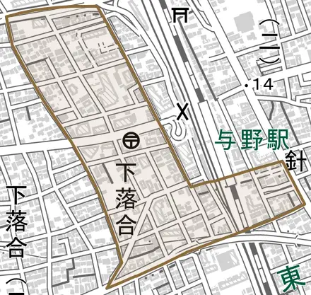 大字下落合とその周辺の地図。町の範囲を重ねている