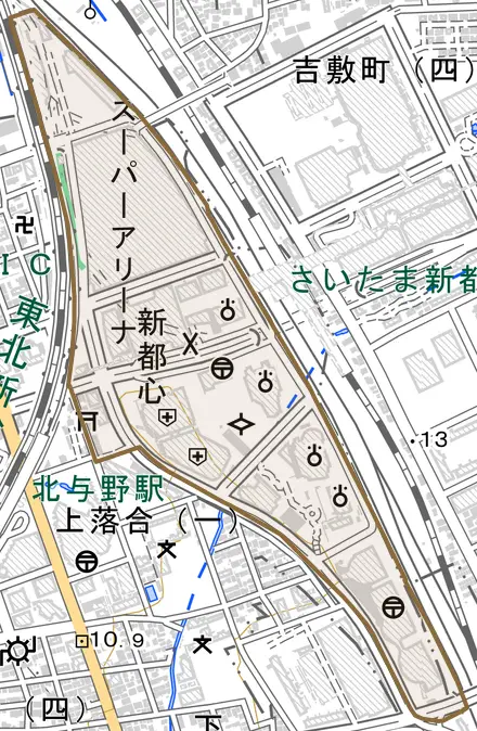 新都心とその周辺の地図。町の範囲を重ねている