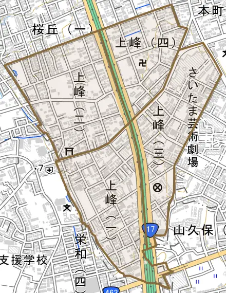 上峰とその周辺の地図。町の範囲を重ねている