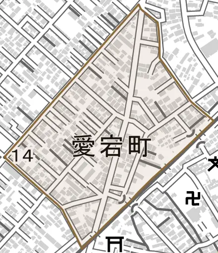 愛宕町とその周辺の地図。町の範囲を重ねている