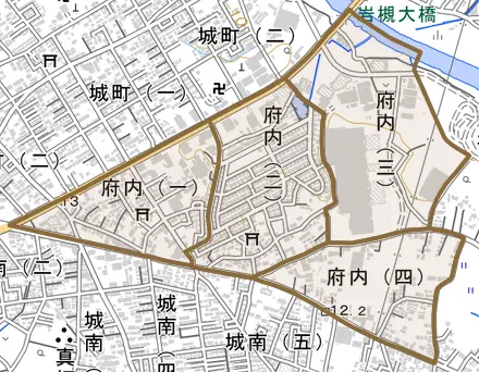 府内とその周辺の地図。町の範囲を重ねている