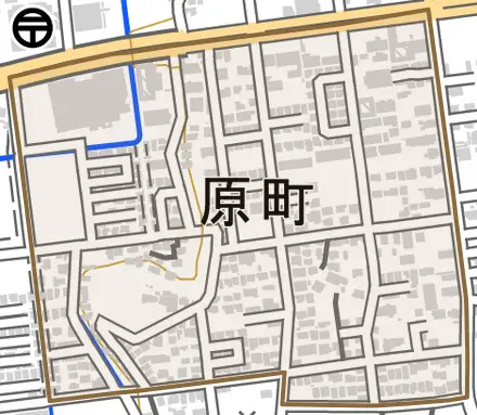 原町とその周辺の地図。町の範囲を重ねている
