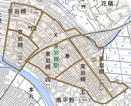 東岩槻とその周辺の地図。町の範囲を重ねている