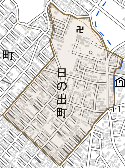日の出町とその周辺の地図。町の範囲を重ねている