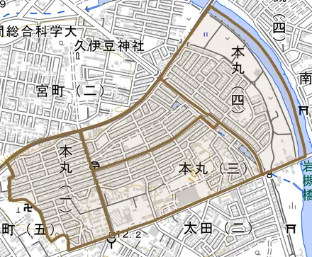 本丸とその周辺の地図。町の範囲を重ねている