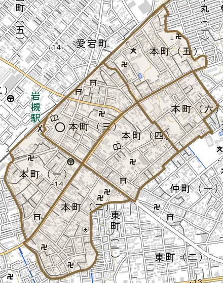 本町とその周辺の地図。町の範囲を重ねている