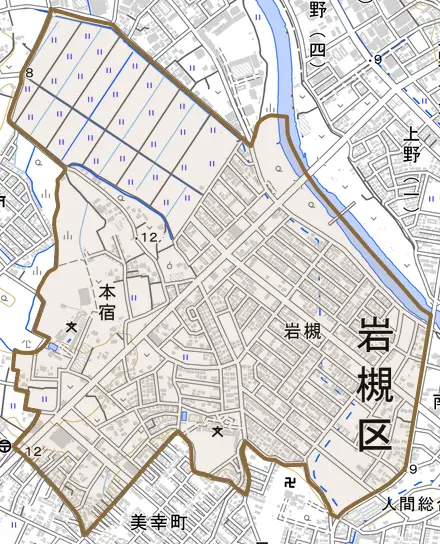 大字本宿とその周辺の地図。町の範囲を重ねている