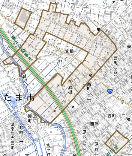 大字岩槻とその周辺の地図。町の範囲を重ねている