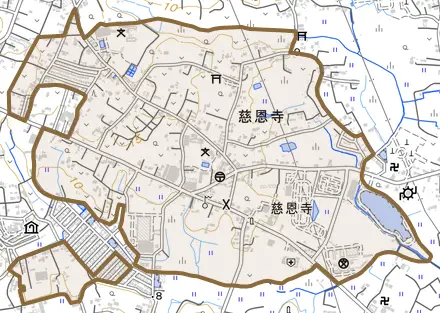 大字慈恩寺とその周辺の地図。町の範囲を重ねている