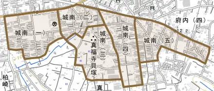 城南とその周辺の地図。町の範囲を重ねている
