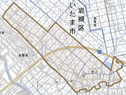 大字釣上とその周辺の地図。町の範囲を重ねている