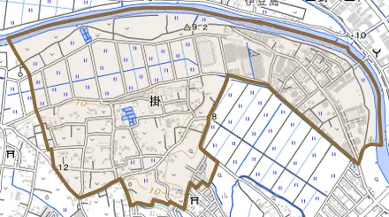 大字掛とその周辺の地図。町の範囲を重ねている