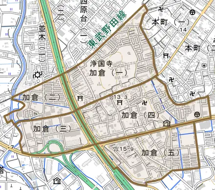 加倉とその周辺の地図。町の範囲を重ねている