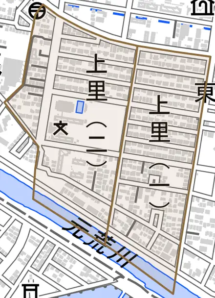 上里とその周辺の地図。町の範囲を重ねている