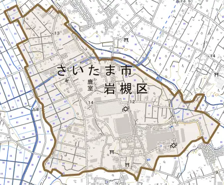 大字鹿室とその周辺の地図。町の範囲を重ねている