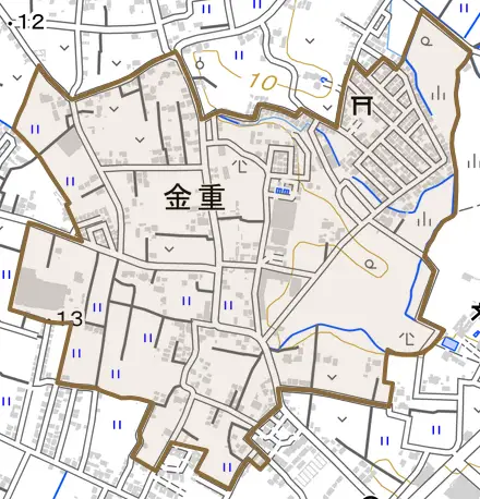 大字金重とその周辺の地図。町の範囲を重ねている