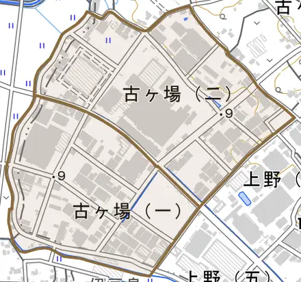 古ケ場とその周辺の地図。町の範囲を重ねている