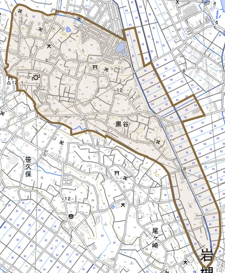 大字黒谷とその周辺の地図。町の範囲を重ねている