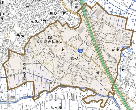 大字馬込とその周辺の地図。町の範囲を重ねている