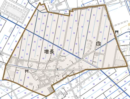 大字増長とその周辺の地図。町の範囲を重ねている