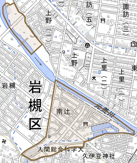 大字南辻とその周辺の地図。町の範囲を重ねている