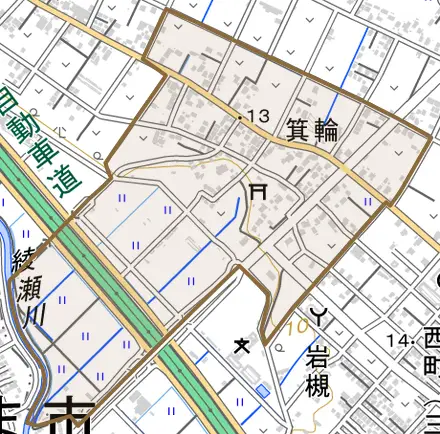 大字箕輪とその周辺の地図。町の範囲を重ねている