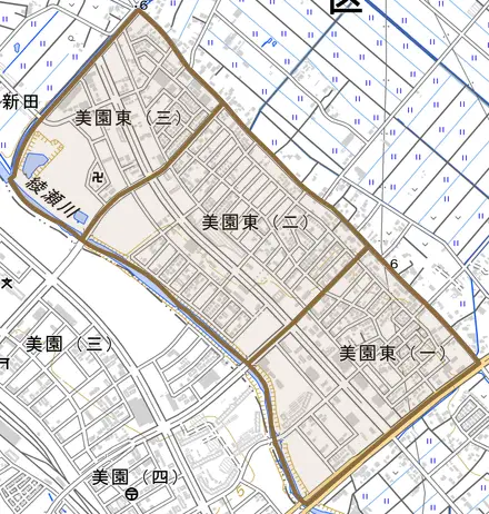 美園東とその周辺の地図。町の範囲を重ねている