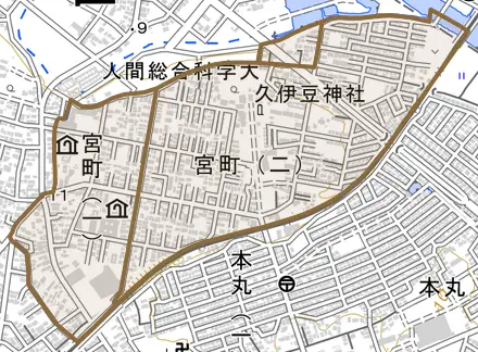 宮町とその周辺の地図。町の範囲を重ねている