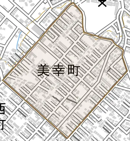 美幸町とその周辺の地図。町の範囲を重ねている