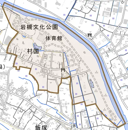 大字村国とその周辺の地図。町の範囲を重ねている