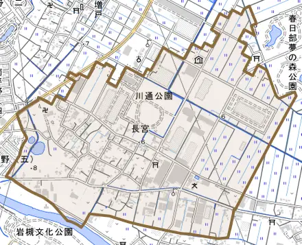 大字長宮とその周辺の地図。町の範囲を重ねている