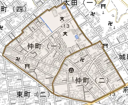 仲町とその周辺の地図。町の範囲を重ねている