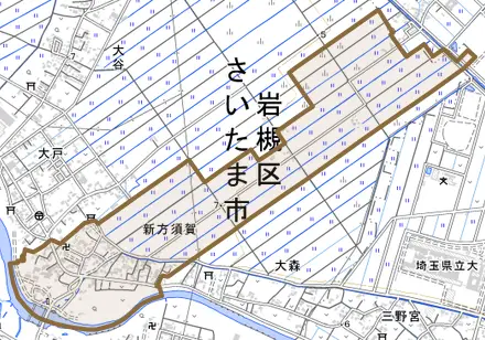 大字新方須賀とその周辺の地図。町の範囲を重ねている