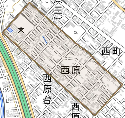西原とその周辺の地図。町の範囲を重ねている
