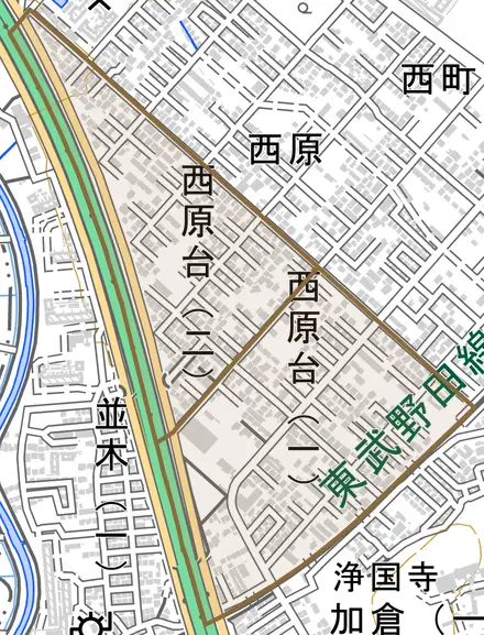 西原台とその周辺の地図。町の範囲を重ねている