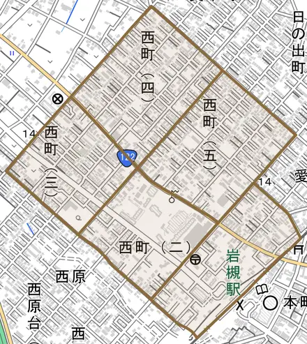 西町とその周辺の地図。町の範囲を重ねている