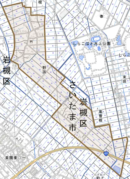 大字野孫とその周辺の地図。町の範囲を重ねている